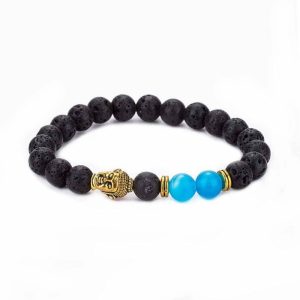 Killer Deals Aroma Oil Diffuser Lava Stone Blue Agate Buddha Bracelet - Black & Blue