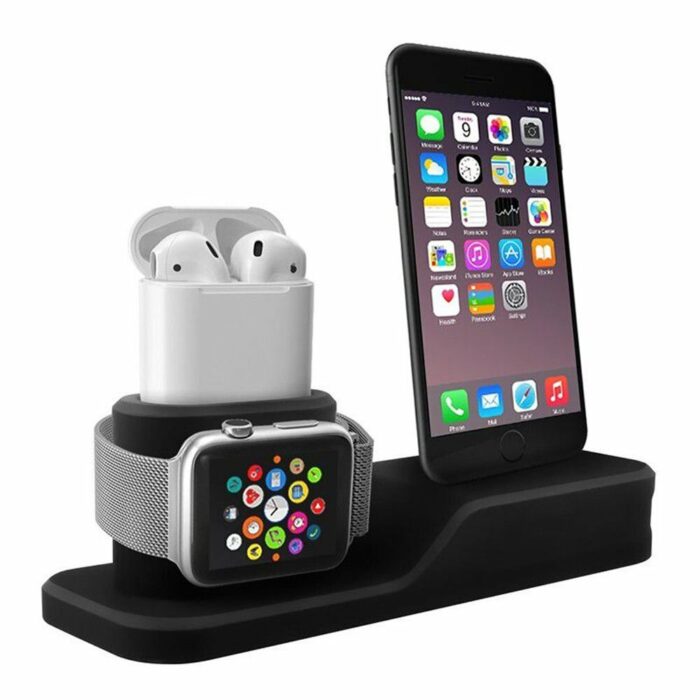 Killer Deals 3-in-1 Silicone Docking Stand for Apple iPhone, iWatch & AirPods - Black - Image 2