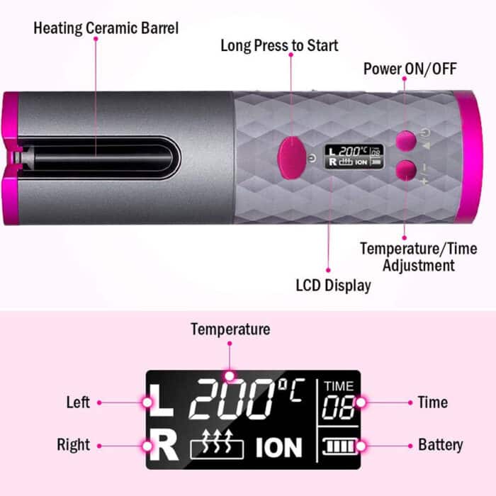 Killer Deals Rechargeable Wireless Safe Automatic Ceramic Hair Curling Iron - Grey - Image 3