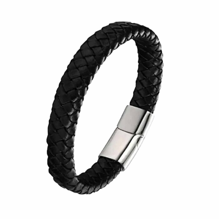 Killer Deals Braided Black Vegan PU Leather & Stainless Steel Bracelet- M/L