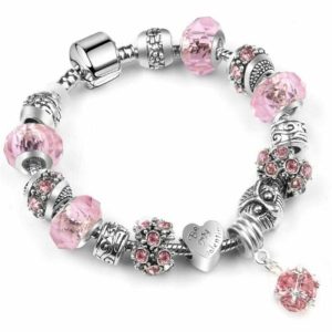 Killer Deals Murano Crystals Carved Plated Snake Chain Fashion Charm Bracelet - Pink