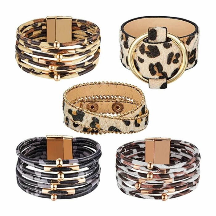 Killer Deals Brass Tube Multi PU Leather Cuff Bracelet- Leopard (x5)