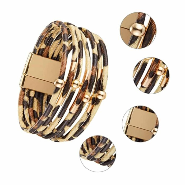 Killer Deals Brass Tube Multi PU Leather Cuff Bracelet- Leopard (x5) - Image 2