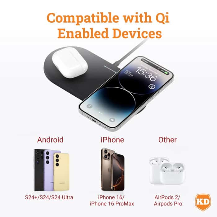 Killer Deals 15W 2-in-1 Phone Watch Fast Charging Dock Qi Wireless Charger - Image 3